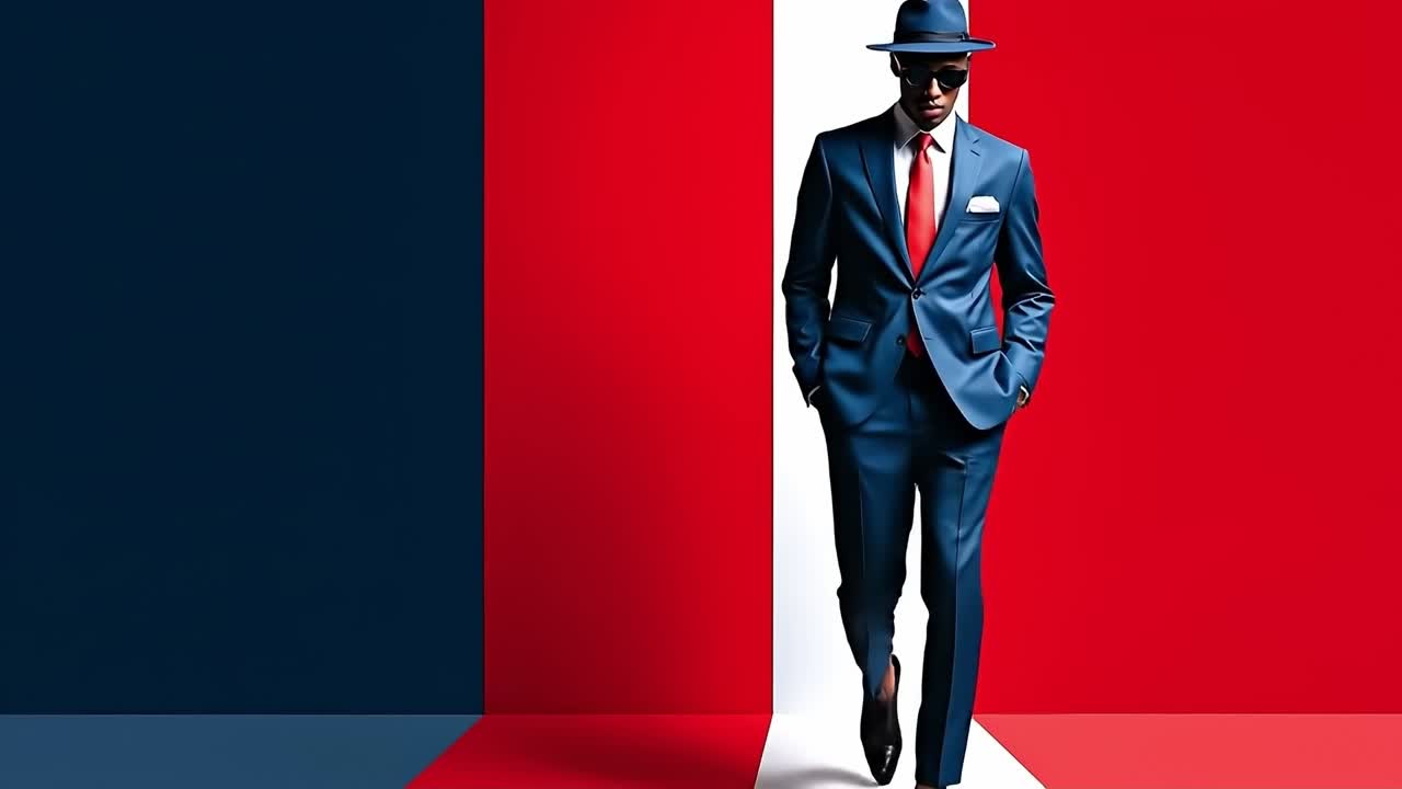 A man in a suit and hat standing in front of a red and blue background