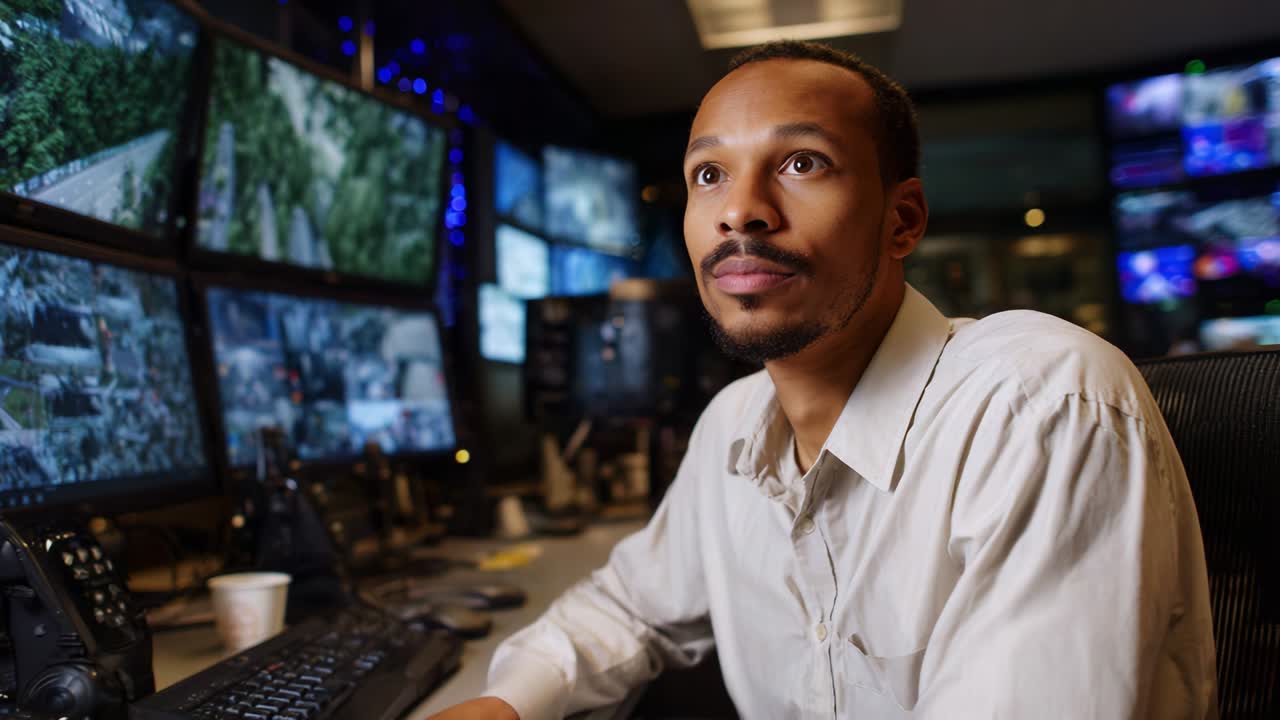 Focused Surveillance Operator Analyzing Multiple Monitors for Security Insights and Threat Detection in a High-Tech Control Room Setting