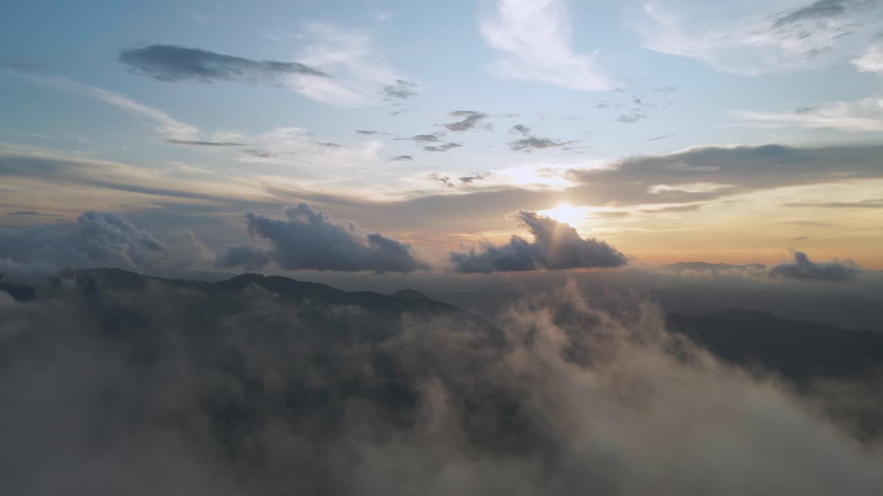 Drone Fly Through Fluffy Cloud In Misty Sky At Sunset In Costa Rica, 4K
