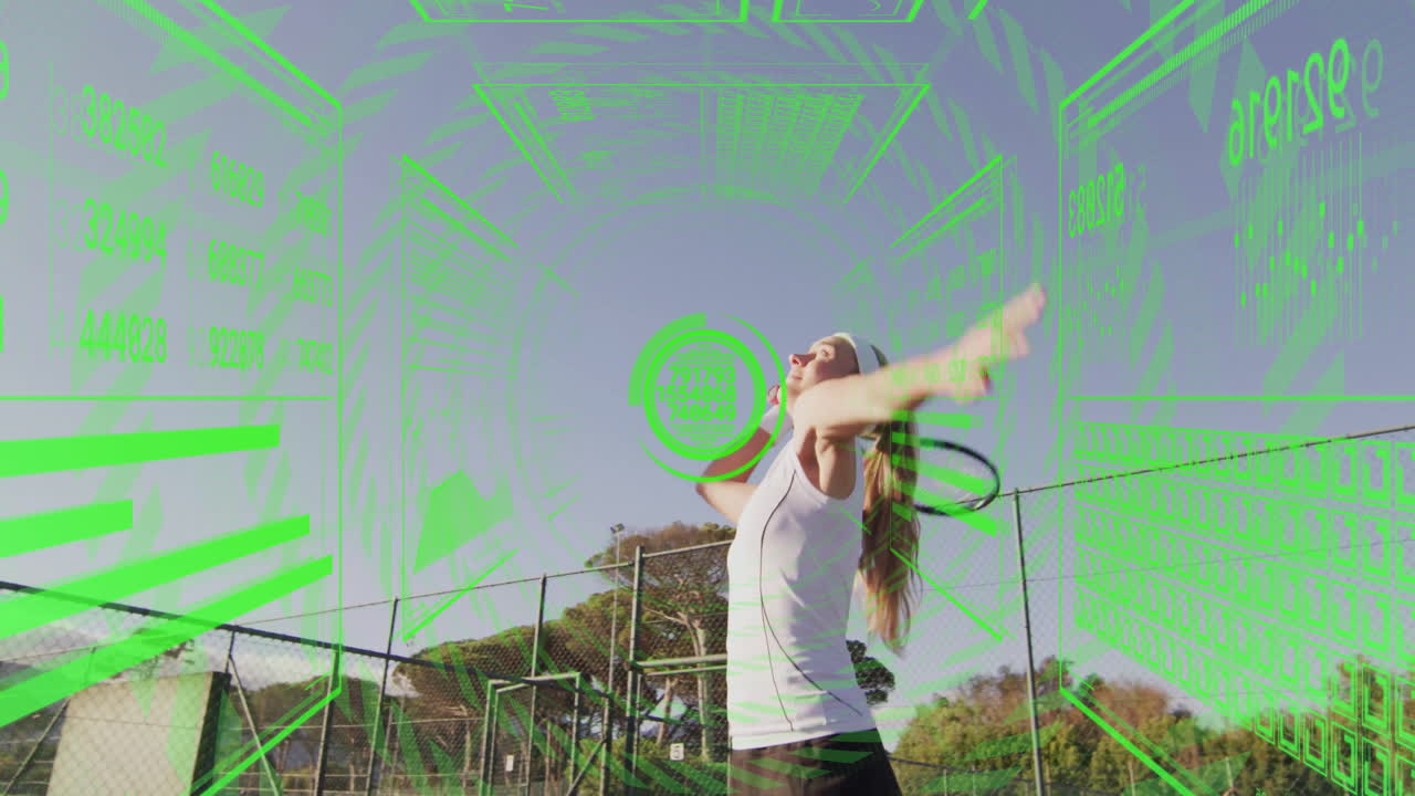 Woman serving tennis ball on outdoor court, showcasing sports technology with green HUD charts