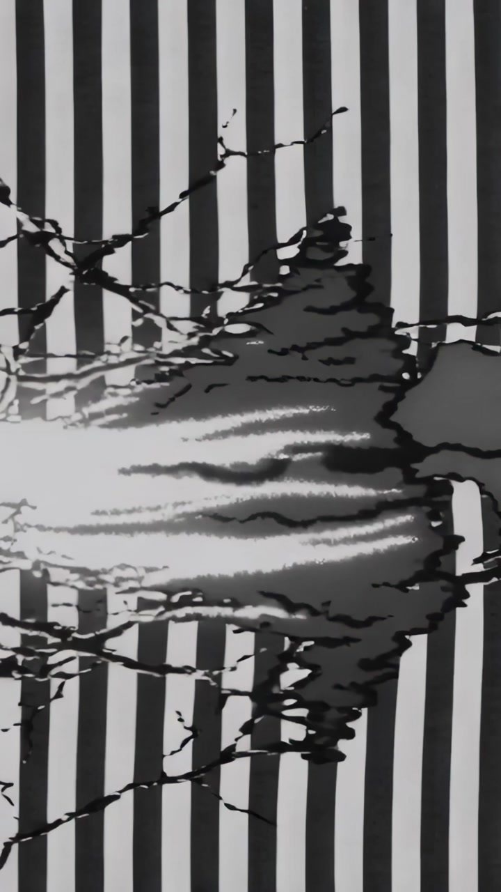 Vertical video: Spreading dark stain from thin fissure across striped sheet, showing bright streak