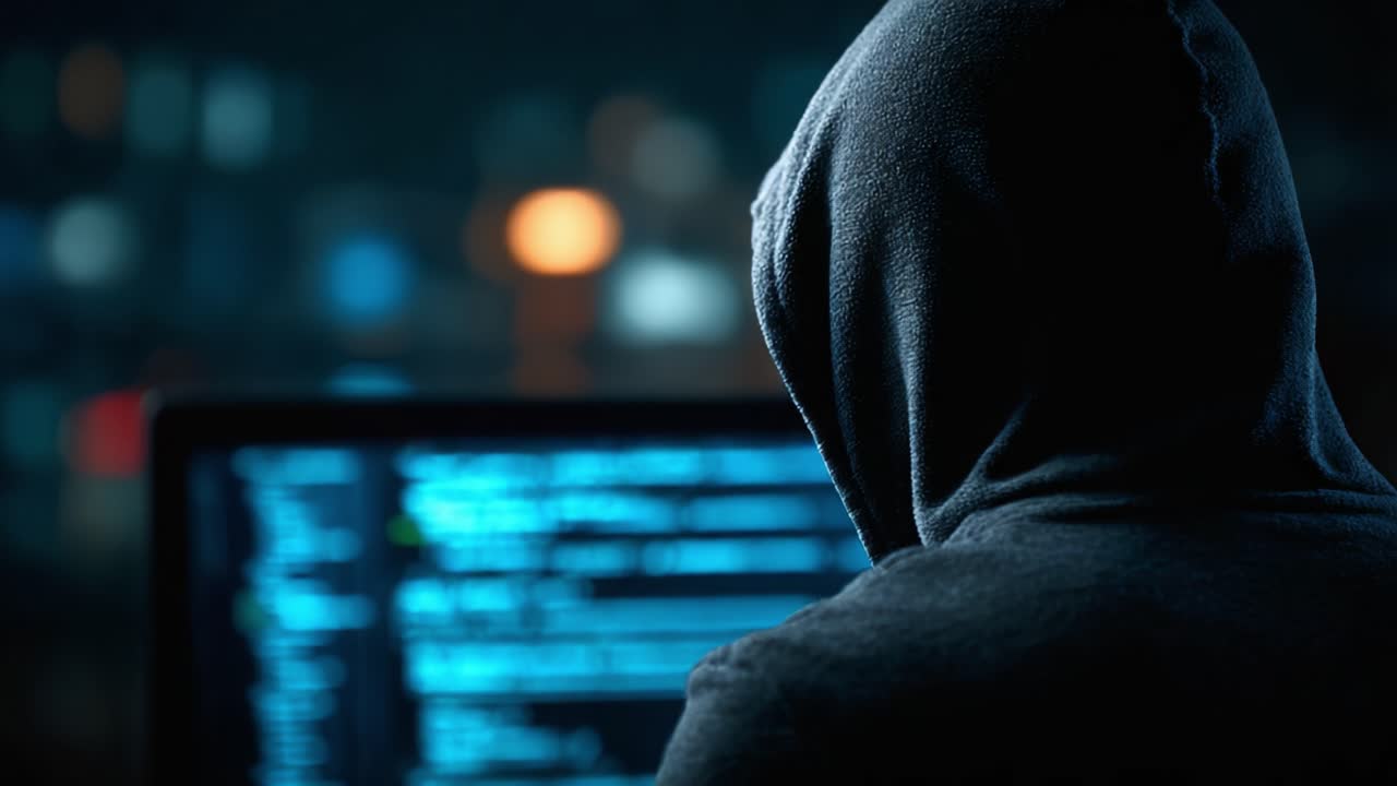 Una Figura Oscura Impegnata in Attività Informatiche - Il Mistero di un Individuo Incappucciato che Fissa un Computer in un Ambiente Buio con Codice Luminoso sullo Schermo