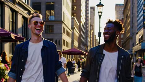 una pareja gay multiétnica caminando de la mano, riendo mientras pasean por la calle de la ciudad iluminada por el sol, expresando alegría, amor y conexión durante una tarde cálida