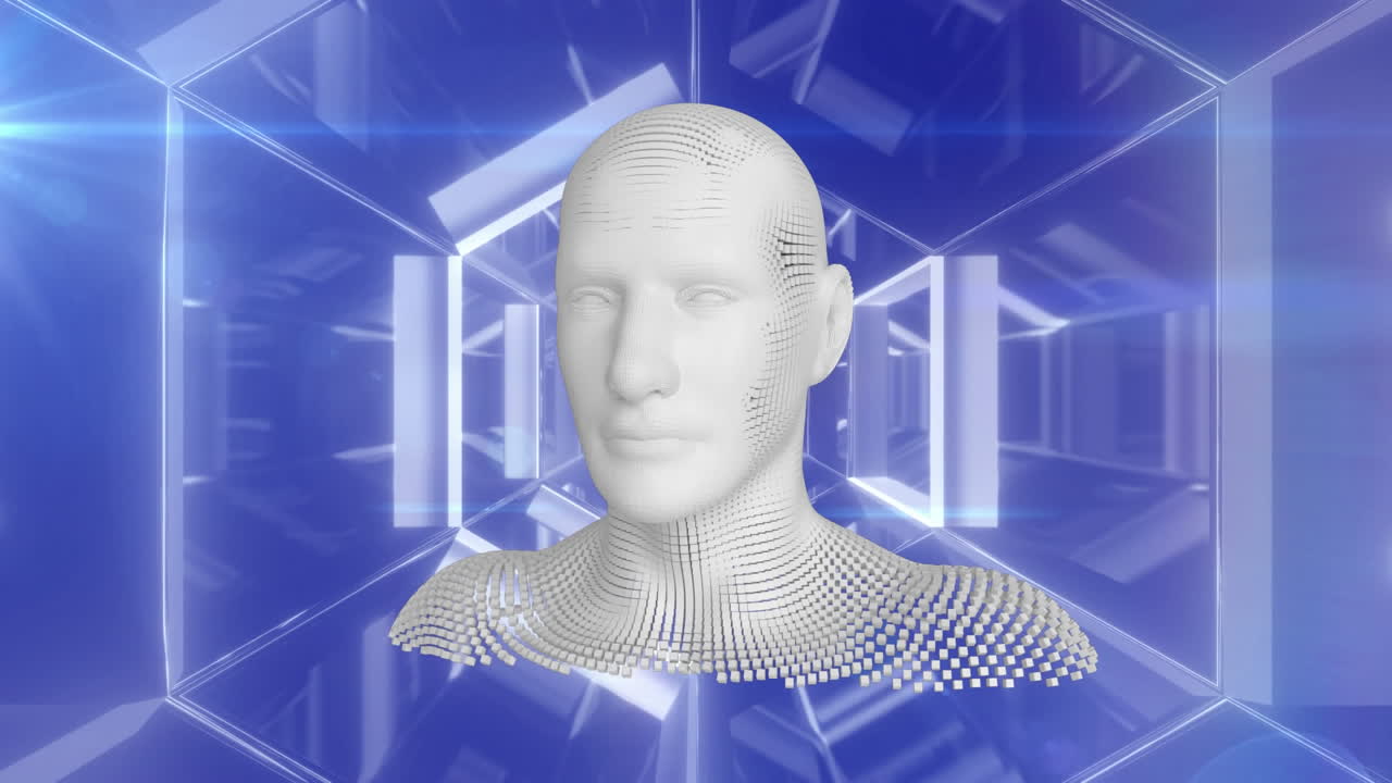 animación de busto humano formado con partículas grises con un túnel azul brillante