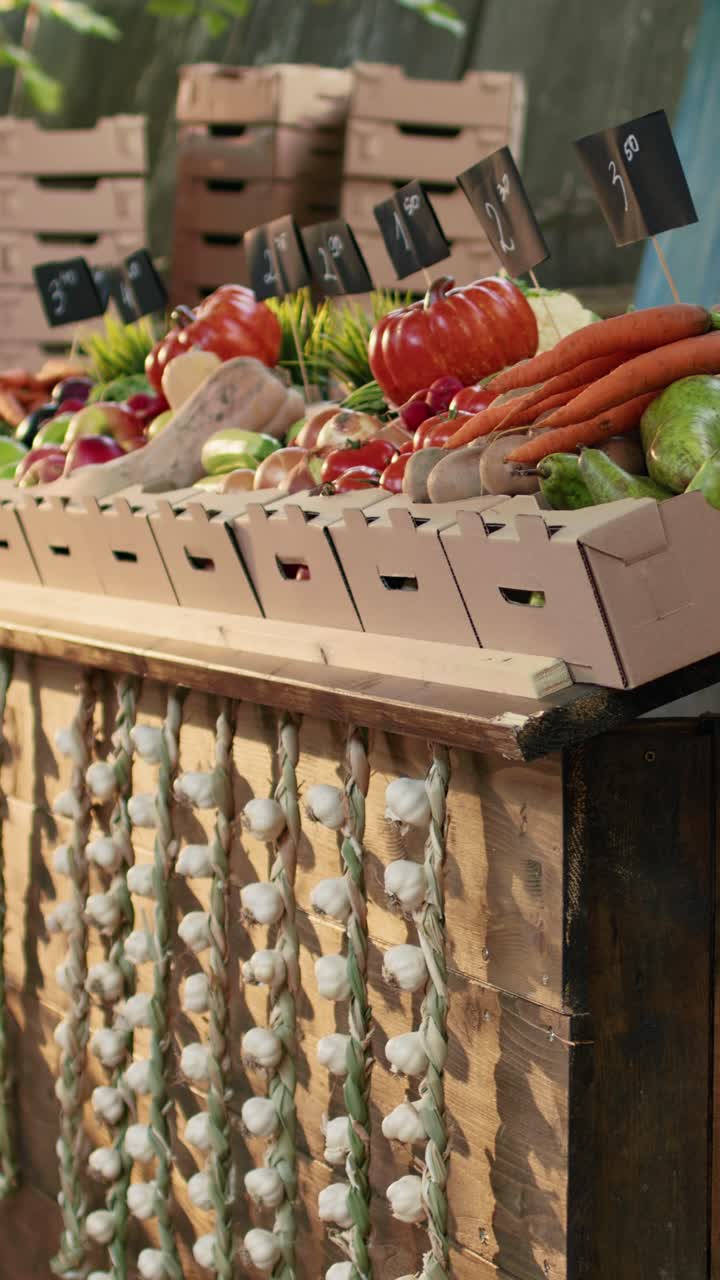 Video verticale: prodotti agricoli di produzione locale presso uno stand vuoto del mercato contadino