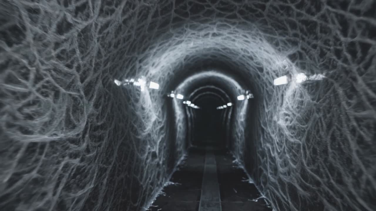 Dark tunnel with intricate web-like patterns and dim lighting creates an eerie atmosphere, leading viewers through a mysterious and captivating journey into the unknown