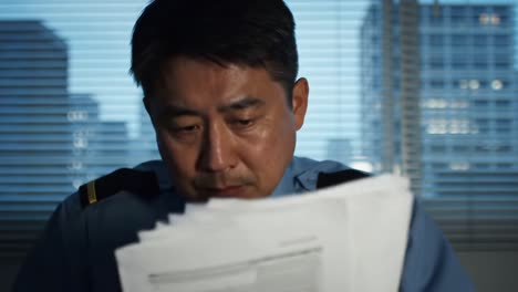 an intense moment of reflection: a serious officer reviews important documents in his office, highlighting dedication and focus in a high-stakes environment