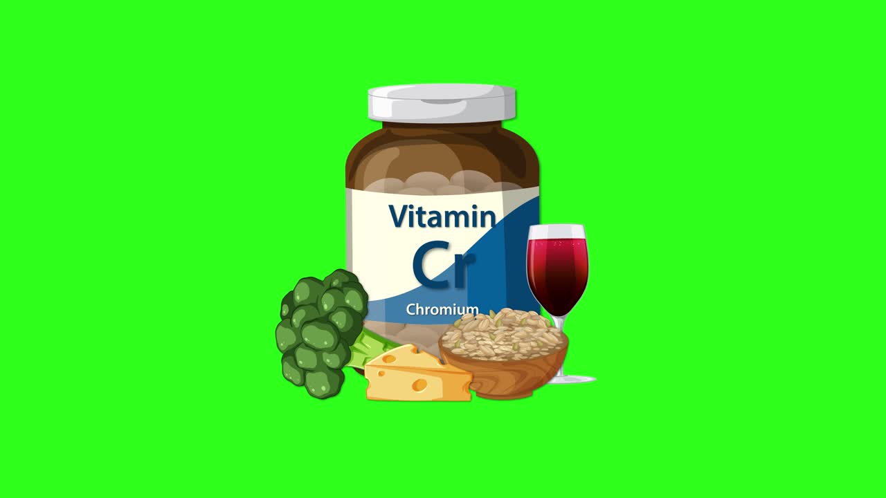 Vitamin C bottle with broccoli, cheese, grains, and wine appears on green screen background