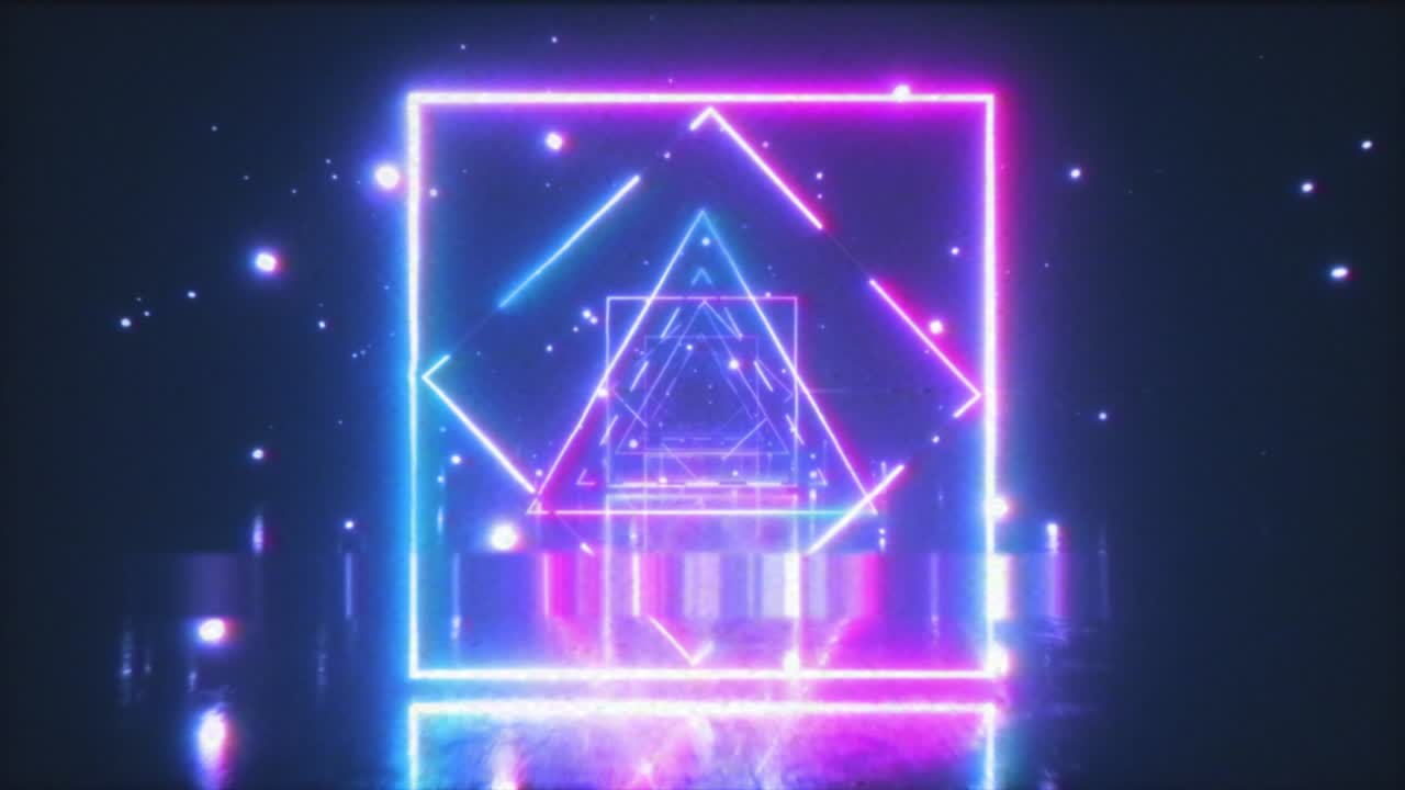 volar en un espacio retro futurista con un cuadrado de neón brillante al estilo de los años 80. animación 3d de bucle sin costuras. el efecto de la vieja cinta de película con ruido, interferencia y distorsión.
