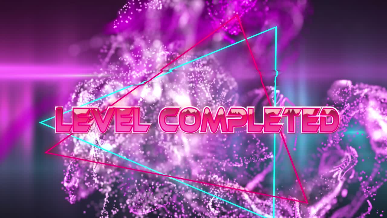 Animation of level completed text over neon triangular banner against purple background