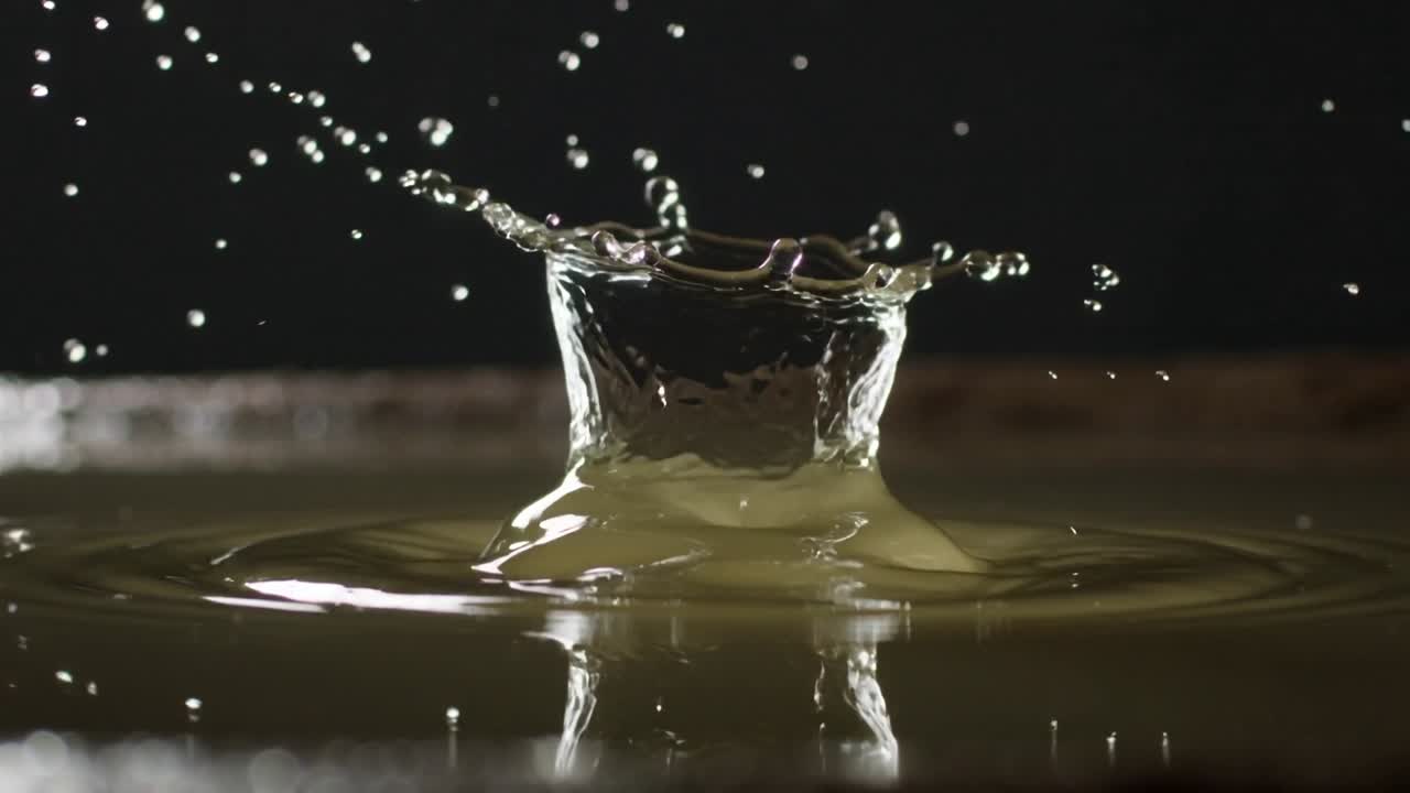Goccia che cade colpisce una pozza d'acqua in studio, formando una corona a colonna mentre dissipa l'energia dell'impatto.