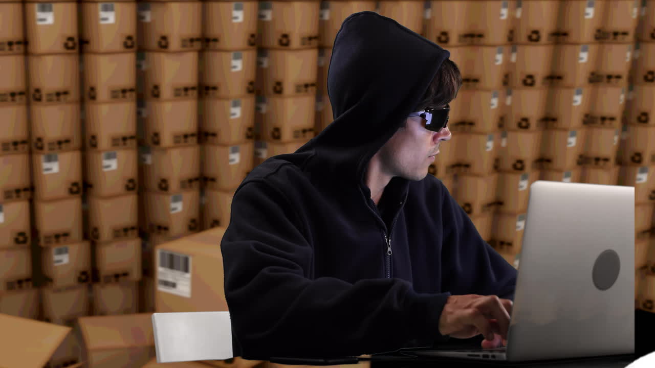 animación de un hacker usando una computadora portátil con pilas de cajas en un almacén