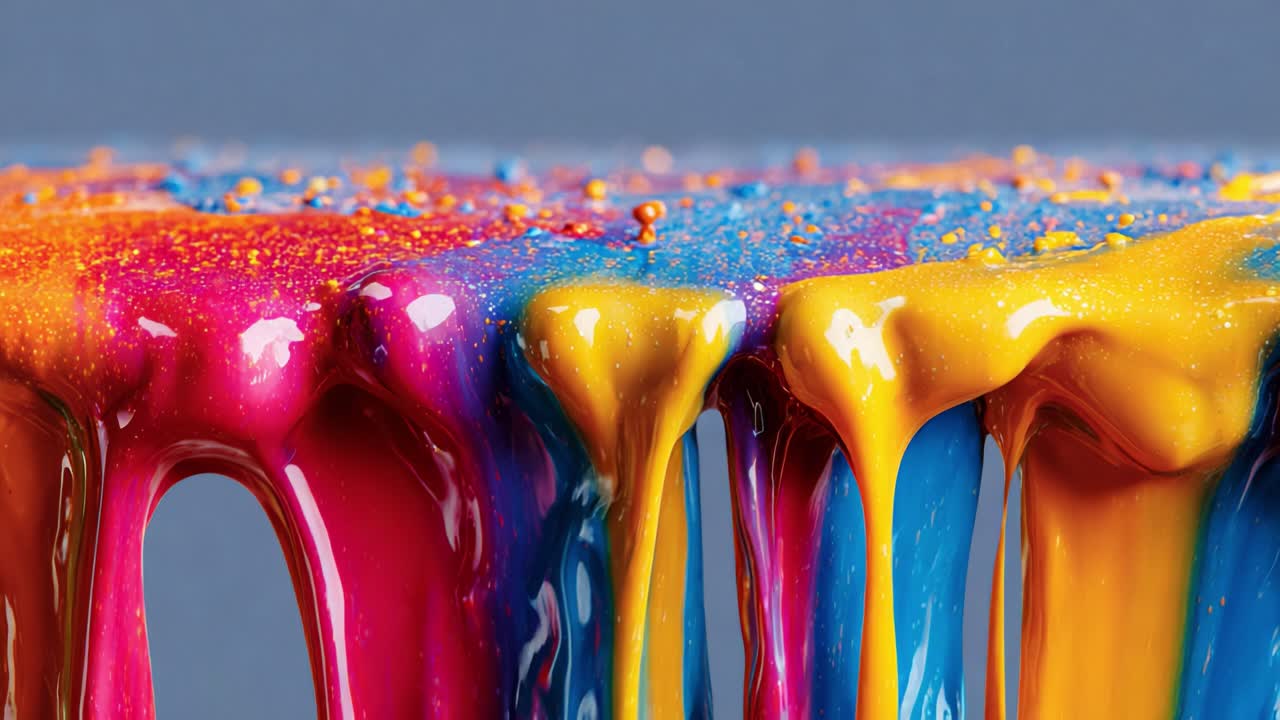 A Close-Up View of Vibrant Paint Drips in Vivid Colors Creating an Artistic and Colorful Abstract Background, Showcasing the Melting Texture and Beautiful Blending of Hues