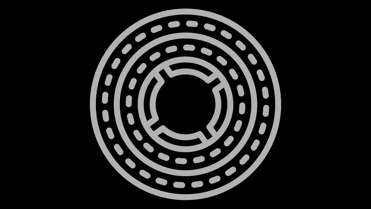 16:9 영상 형식으로 풀 스크린에서 중앙으로 사라지는 크기를 줄여 시계 방향으로 회전하는 스트로보스코픽 및 최면 효과를 가진 흑백 그래픽 객체