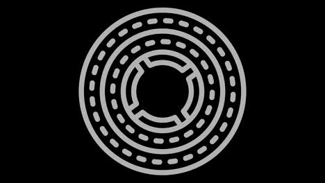 objeto gráfico en blanco y negro con efecto estroboscópico e hipnótico, que gira en el sentido de las agujas del reloj disminuyendo el tamaño de pantalla completa a desaparecer en el centro, en formato de video 16: 9