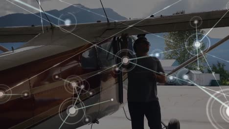 animación de la red global de conexiones con el avión en el fondo