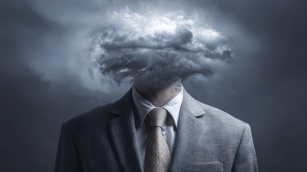 A Conceptual Visualization of Thought and Emotion Depicted by a Businessman with a Cloudy Head Represents Turmoil and Complexity in Modern Life