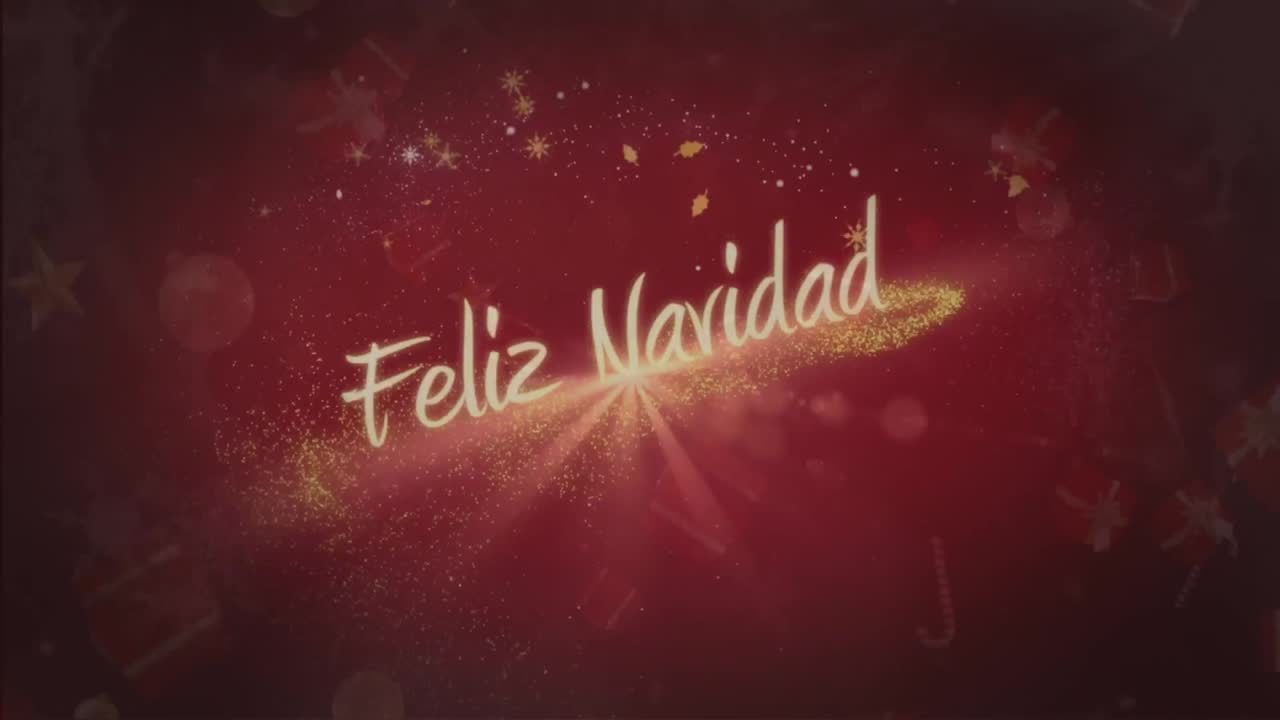 regalos de navidad, bolas y bastones de caramelo cayendo contra el texto feliz navidad sobre fondo rojo