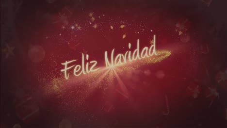 Christmas-presents,-baubles-and-candy-canes-falling-against-Feliz-Navidad-text-on-red-background