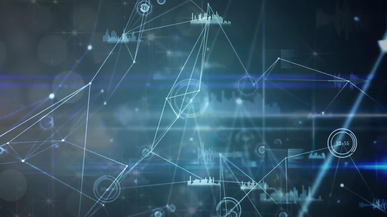 Animation of network of connections and data processing against light trails on blue background
