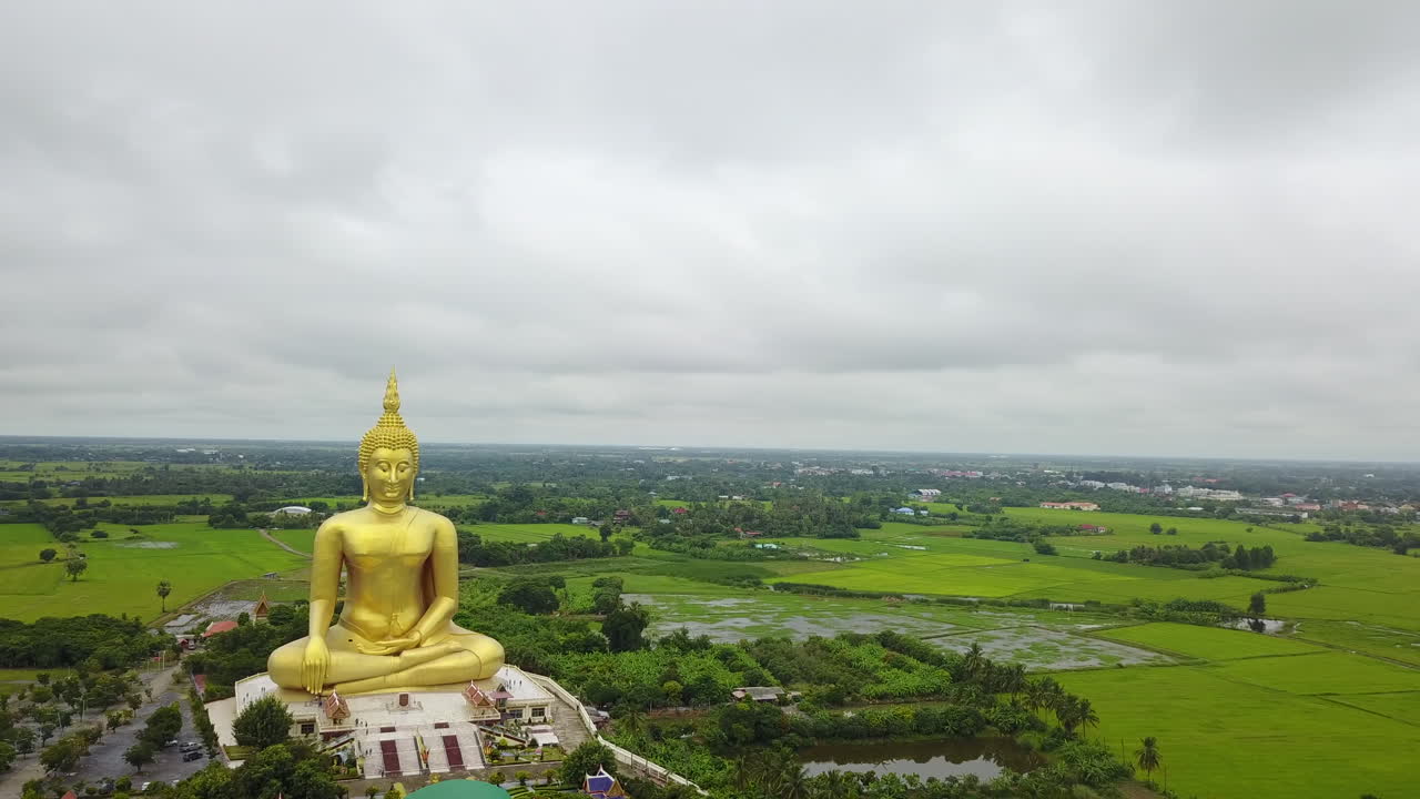 Golden Buddha in Wat Muang amid lush green fields under cloudy skies