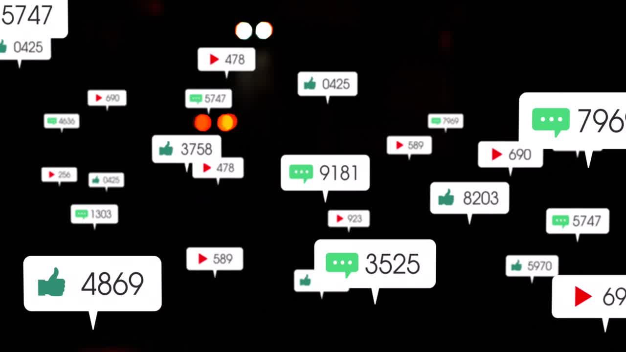 소셜 미디어 아이콘과 숫자의 애니메이션 초점이 맞지 않은 도시 및 자동차 불빛