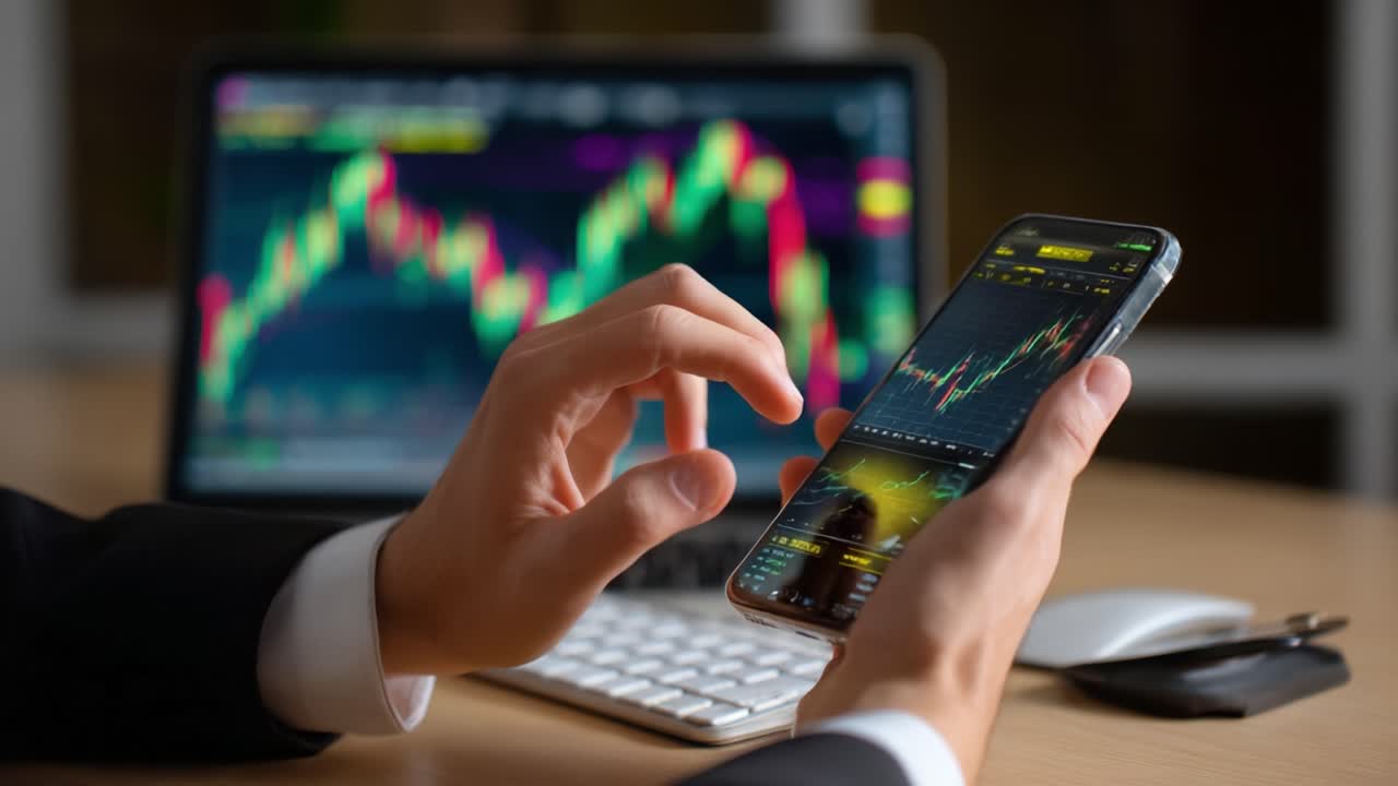 Analyzing Real-Time Market Trends Through Mobile Trading: A Focused Investor Navigating Financial Data and Charts on Smartphone While Using a Laptop for Enhanced Insights and Decision Making