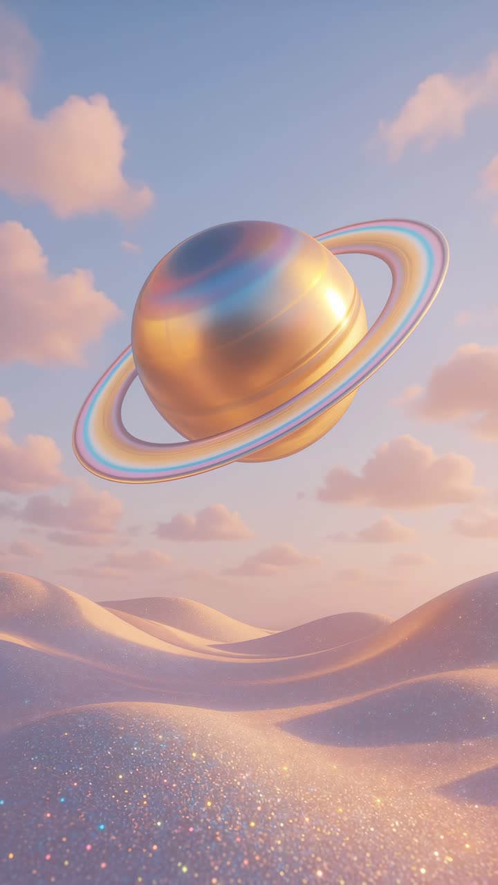 Surreal video concept of a golden planet with rings floating above glittering dunes