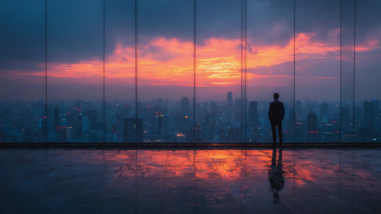 Un hombre contempla el horizonte urbano al anochecer, bañado en cálidos colores de atardecer que se reflejan en ventanas de cristal y luces de la ciudad, capturando un momento de soledad y reflexión