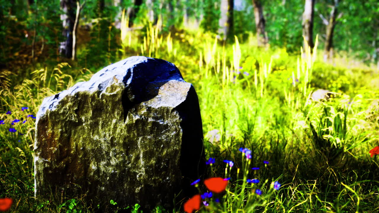 Natural stone in a vibrant meadow surrounded by colorful wildflowers