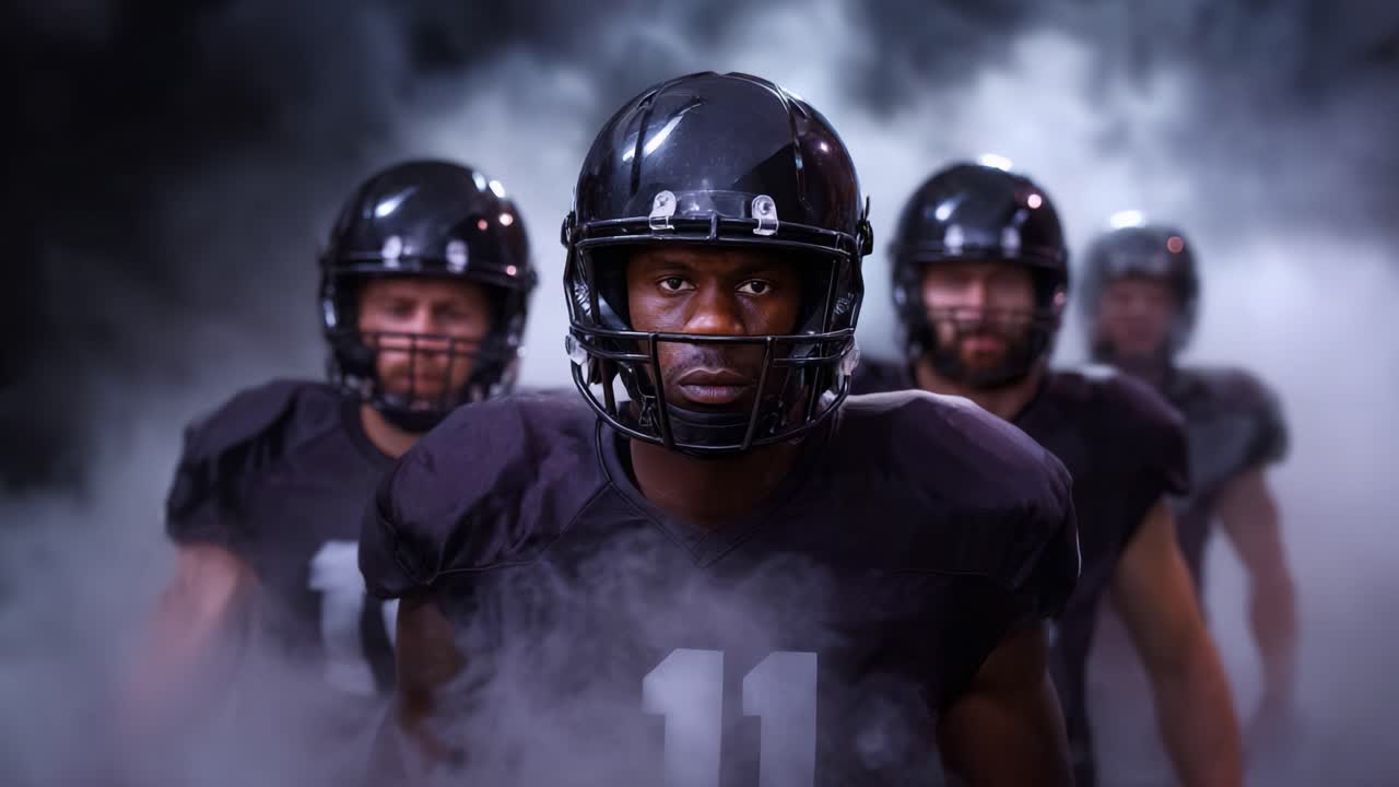 Concentrazione intensa e determinazione catturano l'essenza di un team di giocatori di football che emergono dalla nebbia, pronti a competere in un ambiente di gioco ad alto rischio
