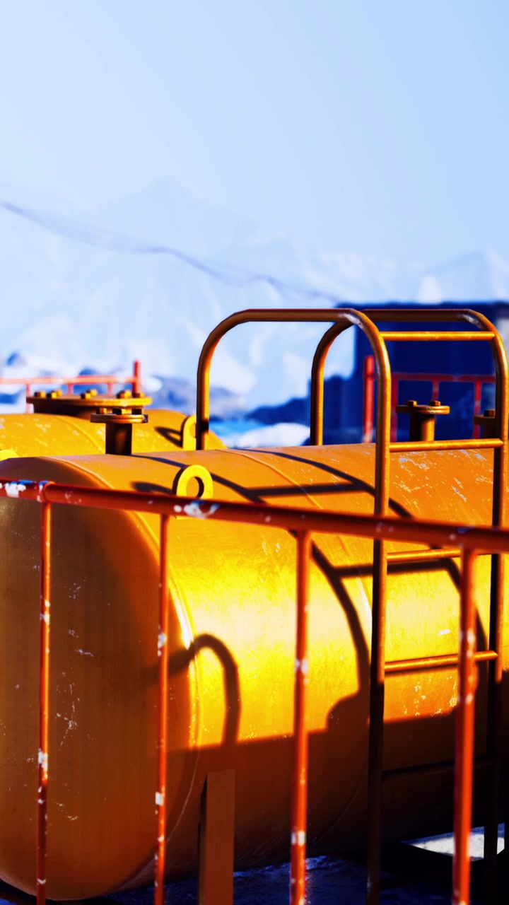 Un serbatoio di stoccaggio giallo è posizionato in un'area industriale.