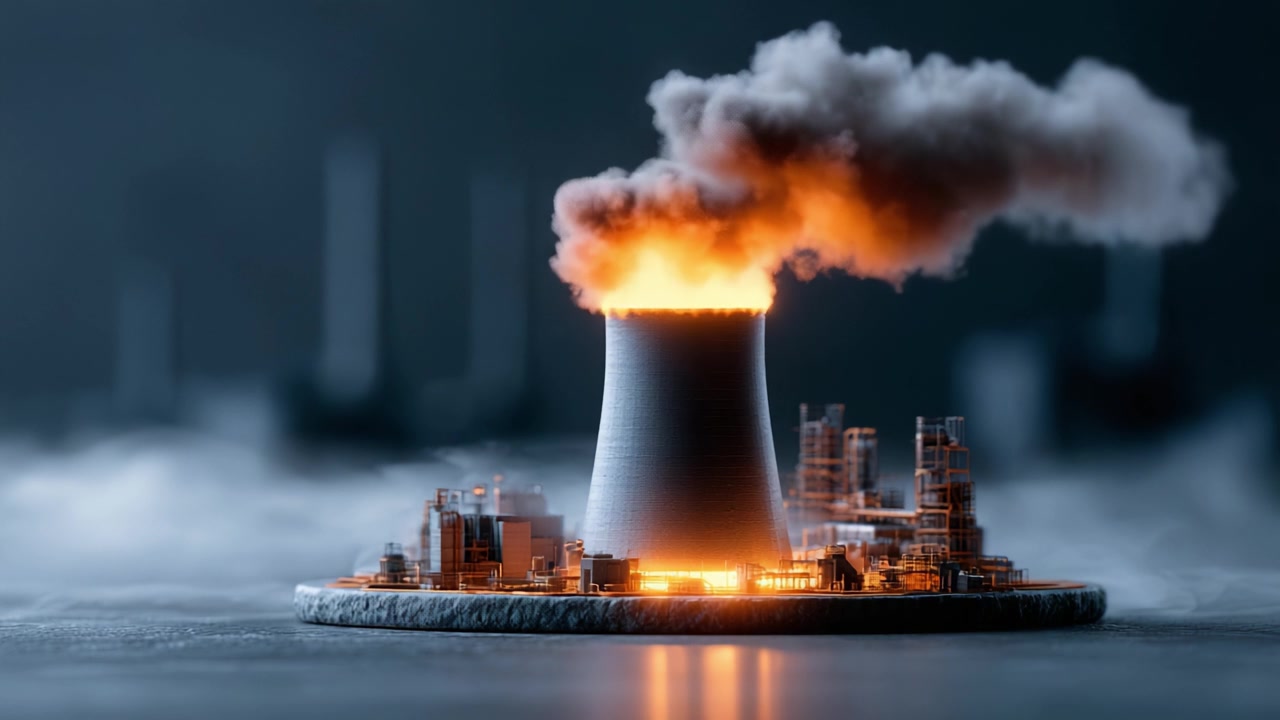 A Dramatic Display of Industrial Energy: Emission and Fire from a Power Plant's Cooling Tower Creating a Striking Visual Contrast in a Dimly Lit Environment