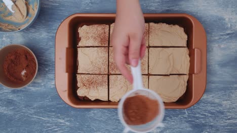 dusting a cake with cocoa in a copper baking tray