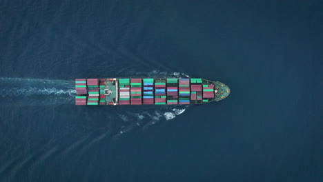 a cargo ship transports containers - motoring in ocean as seen from above