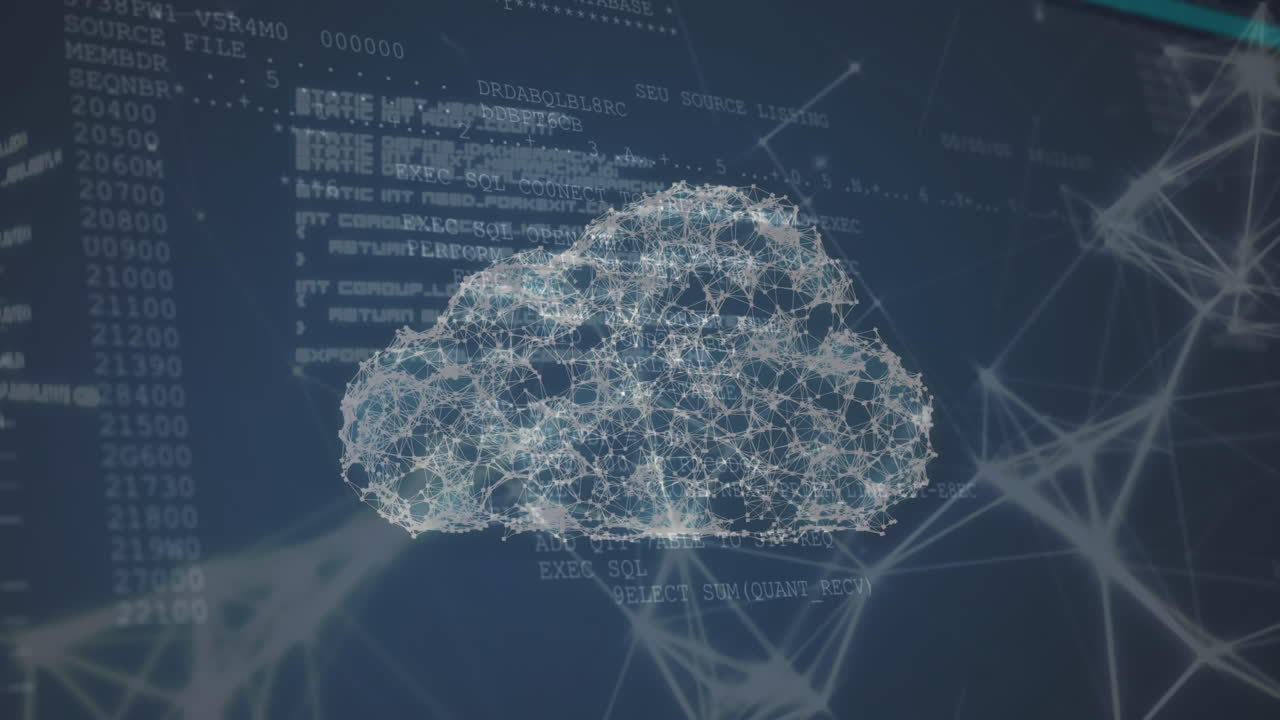 Animation of a cloud network of connections and information moving on black background