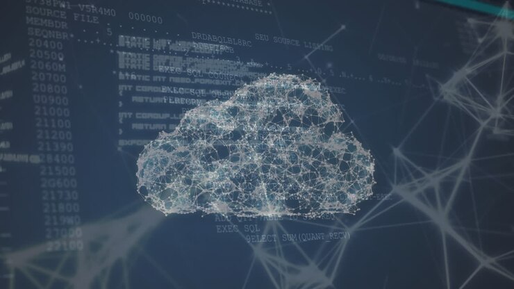 Animation of a cloud network of connections and information moving on black background