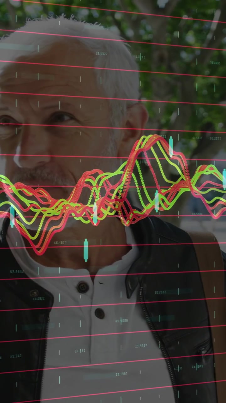 Vertikal video: Mand rører ved rem, mens et markedsfeed skaber en bølgeform, der overlejrer et ansigt på glas