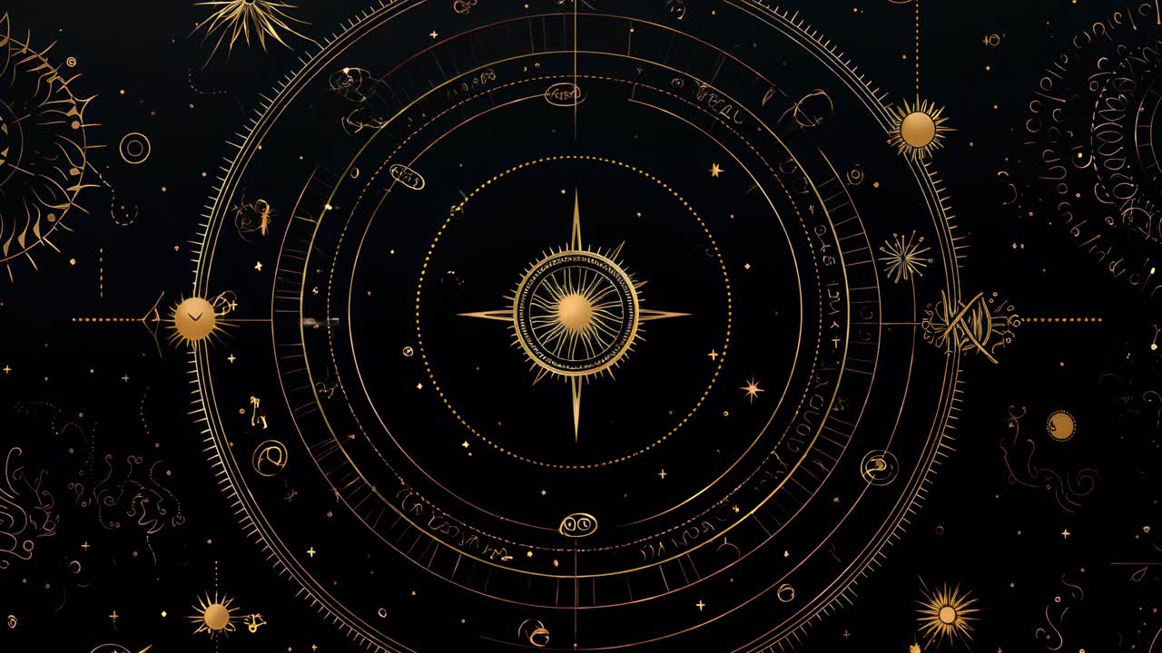 Top-down view of a celestial-themed design with intricate gold zodiac symbols on a black background