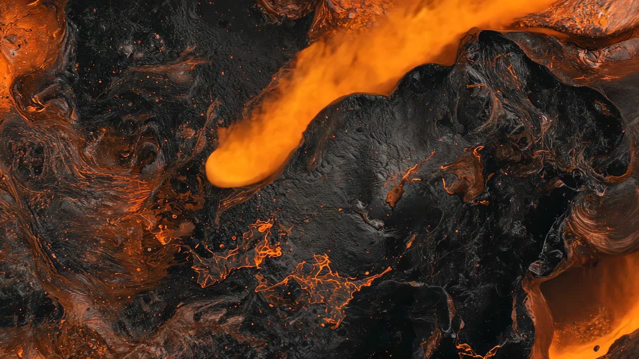Lave en fusion sur la croûte dans un évent après un flux de lave apparaissant par la droite, remplissant des fissures incandescentes