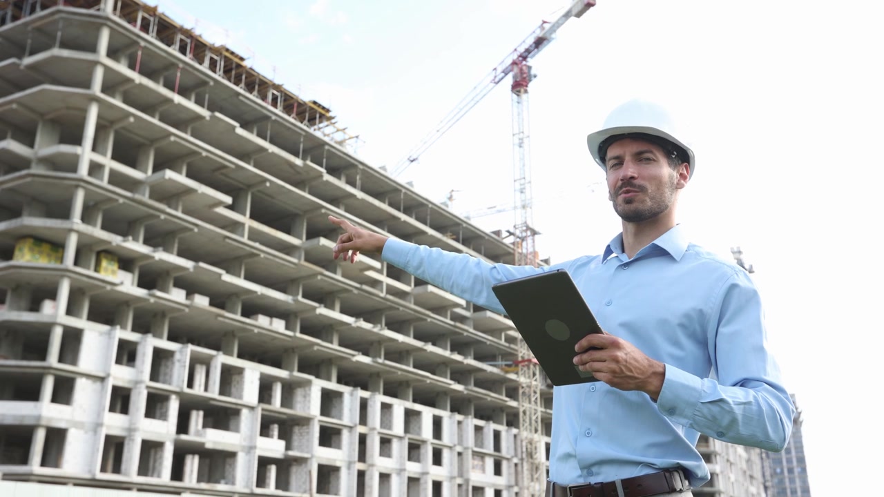 Ingeniero profesional inspeccionando obra con tableta digital