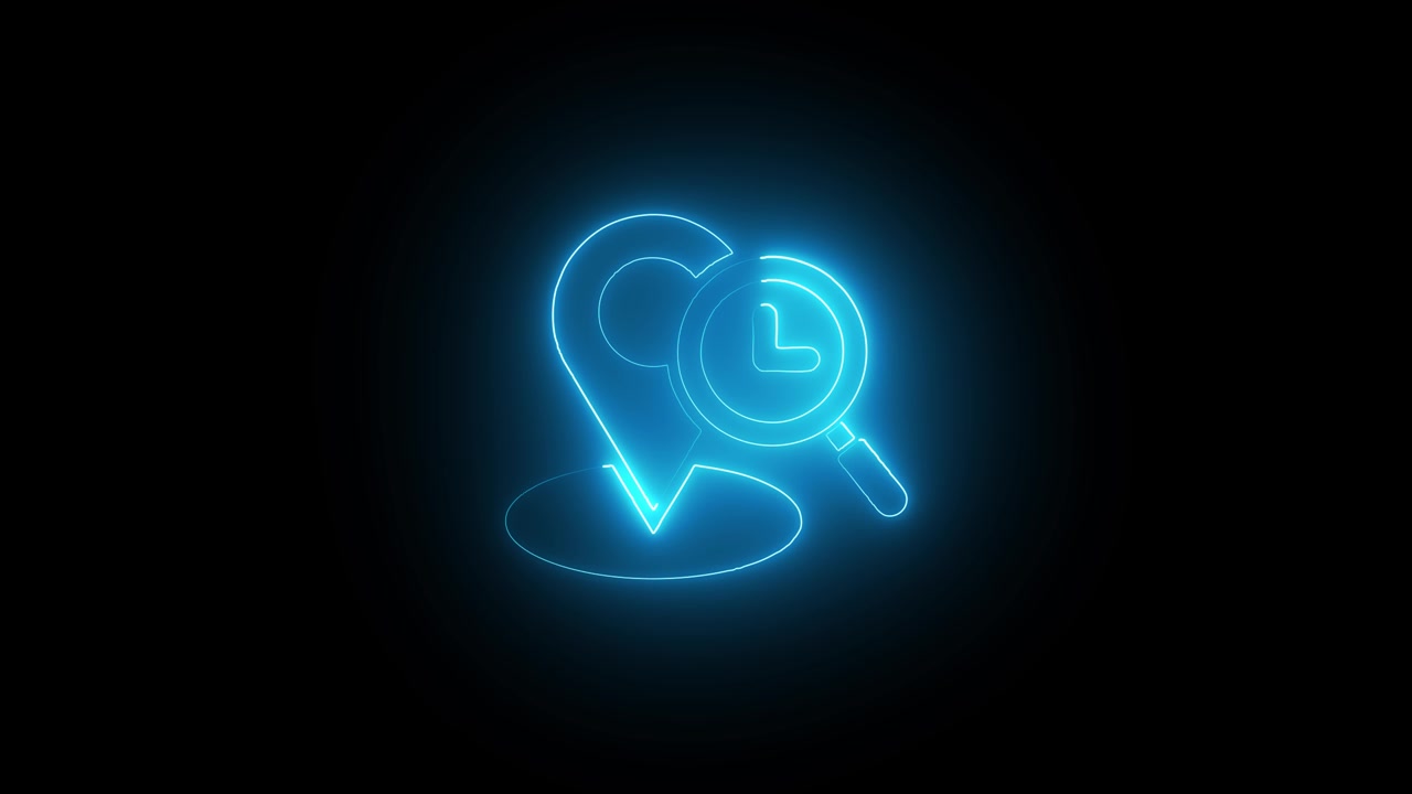 Glowing neon location pin with a clock symbol icon animation isolated on black background