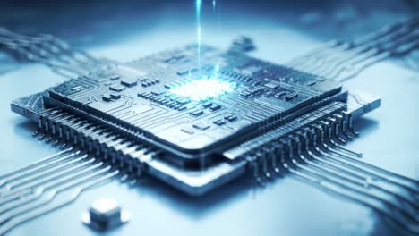 a stunning close-up of a modern microchip revealing its intricate circuitry and dynamic light effects, showcasing the future of computing technology and innovation