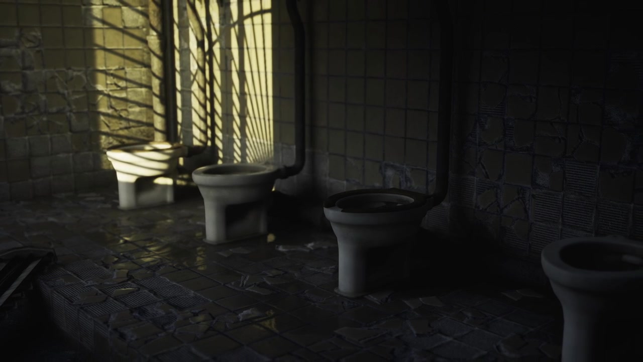 Sundrenched forgotten bathing area with broken tiles and shadows