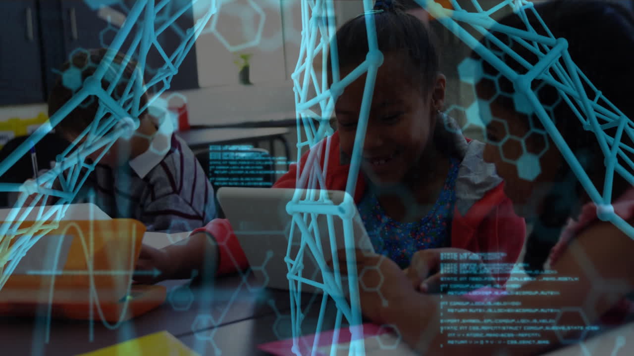 Children using tablets in classroom with digital DNA strand animation overlay