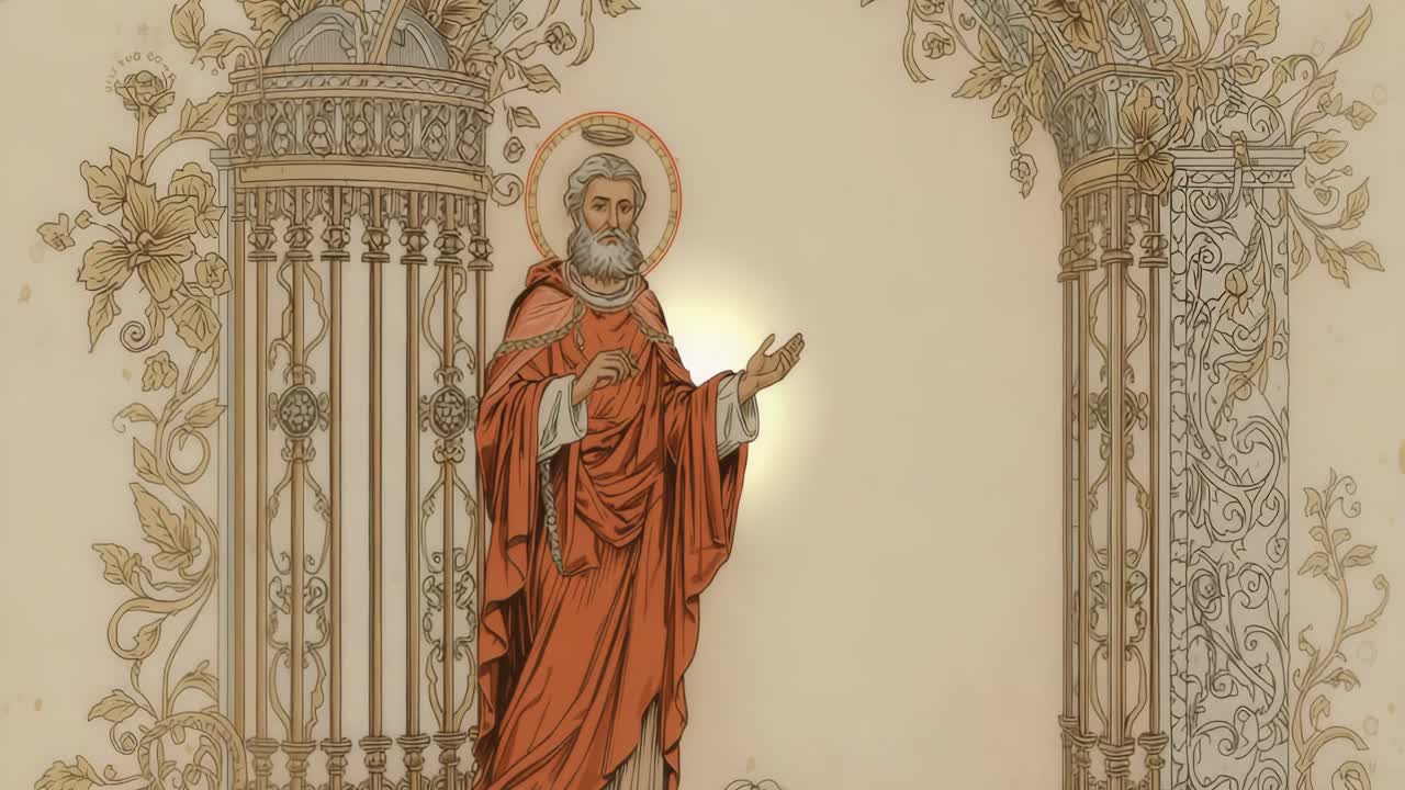 Illustrations of a saint figure with a halo