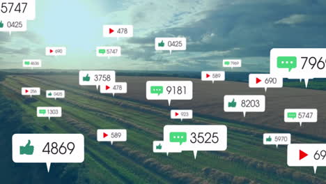 rural farmland being animated in flat design, showcasing floating social media icons and metrics