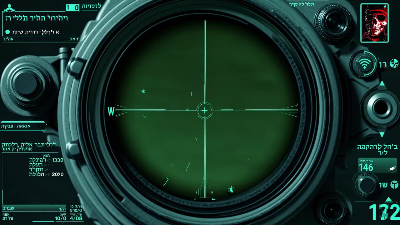 High-tech targeting scope displays dynamic crosshairs and data overlay, illustrating precision aiming and focus in a tactical environment