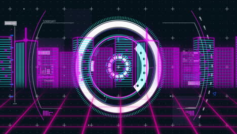 Animation of futuristic digital interface with neon pink and blue geometric patterns
