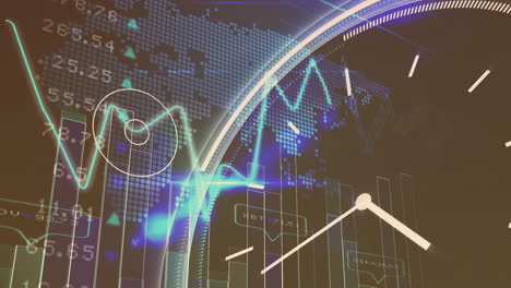 animation on clock, graphs, world map and data on black background